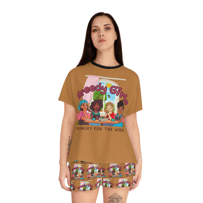 Greedy Girls Hungry For The Word Women's Short Pajama Set BROWN
