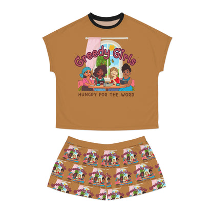 Greedy Girls Hungry For The Word Women's Short Pajama Set BROWN