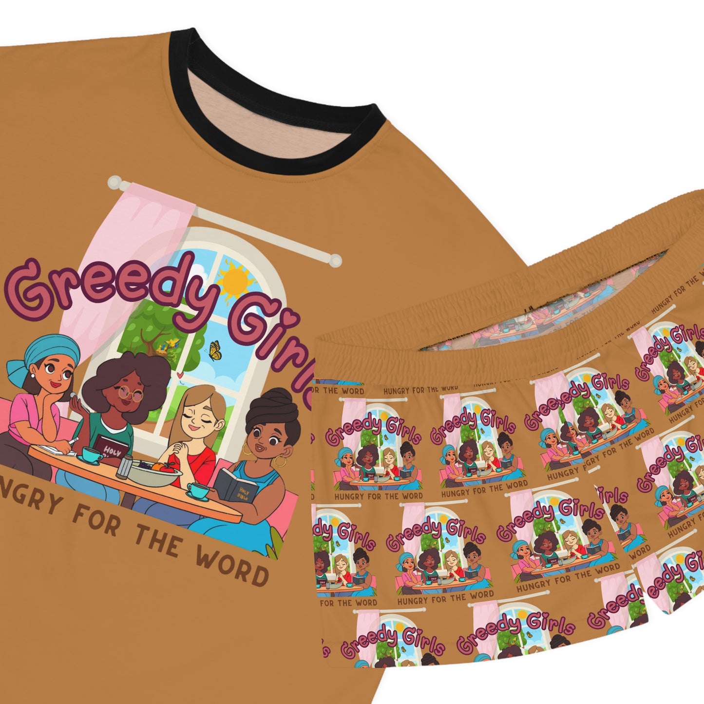 Greedy Girls Hungry For The Word Women's Short Pajama Set BROWN